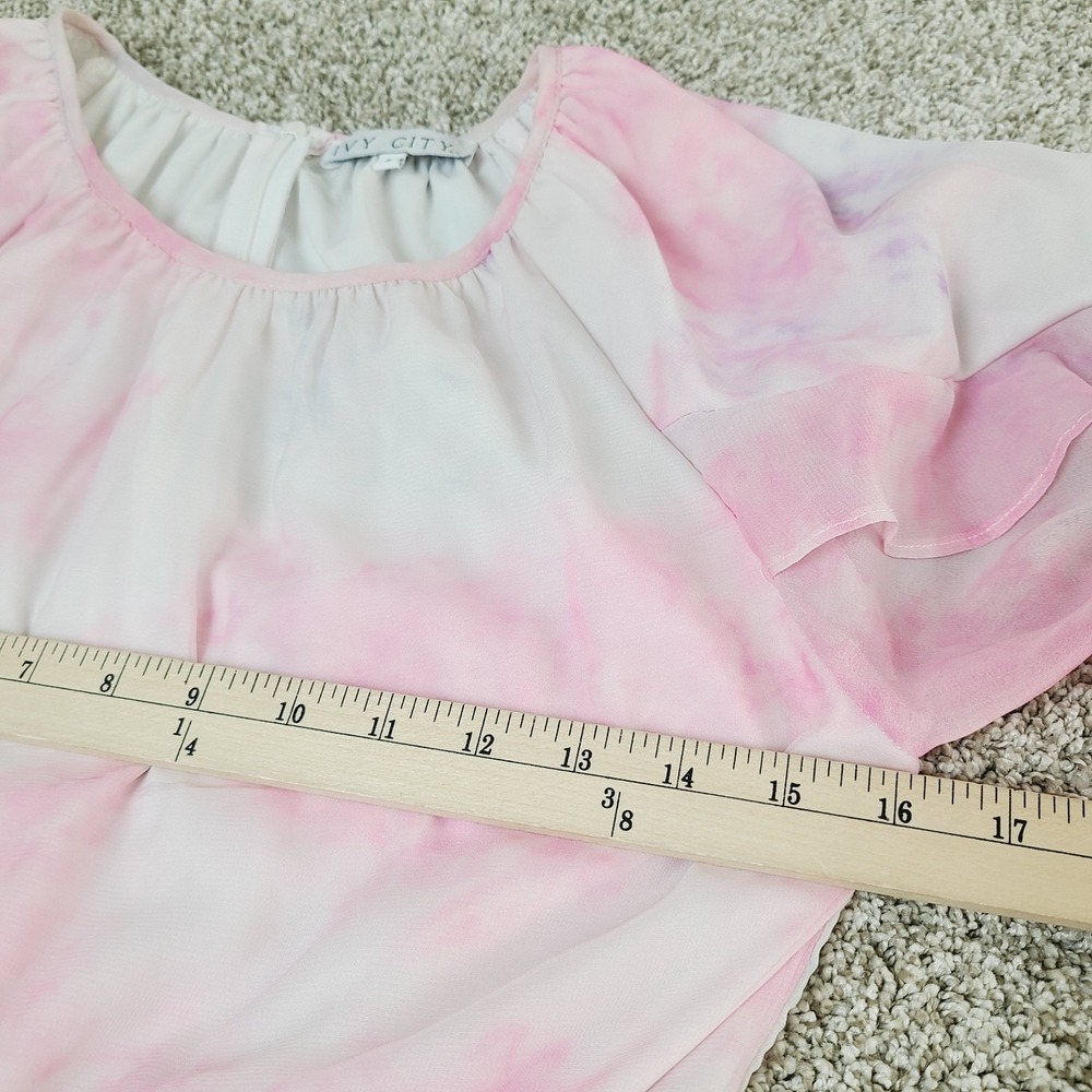 Ivy City Co Lovers Dress S Pink White Chiffon Pleated‎ Long Sleeve Ruffle Midi - Picture 10 of 11